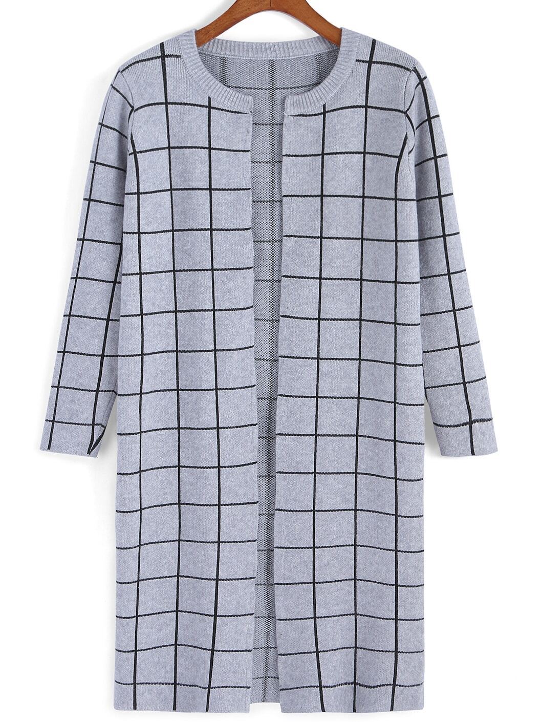Round Neck Plaid Grey CoatFor Womenromwe