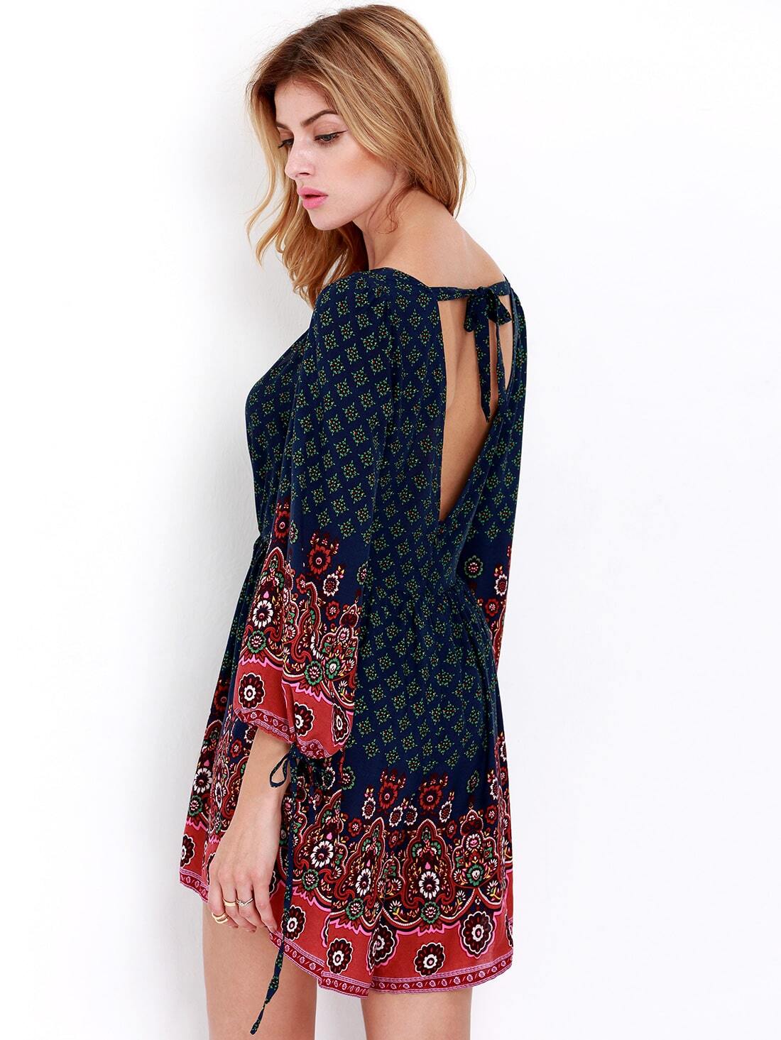 Navy Long Sleeve V Neck Vintage Print PlaysuitFor Women-romwe