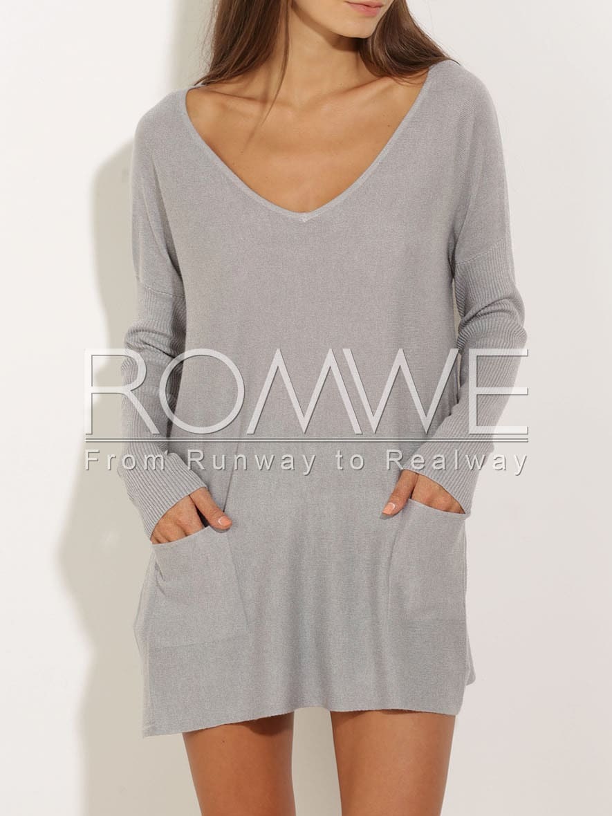 Grey V Neck Pockets Casual Sweater DressFor Womenromwe