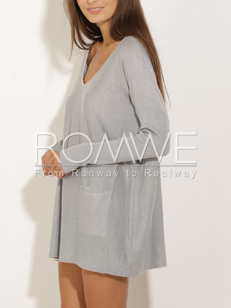 Grey V Neck Pockets Casual Sweater DressFor Womenromwe