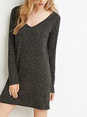 V Neck Long Sleeve Grey Sweater DressFor Women-romwe