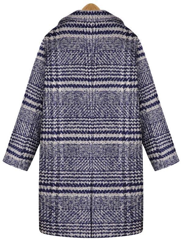 Lapel Striped Striped Long Blue CoatFor Womenromwe