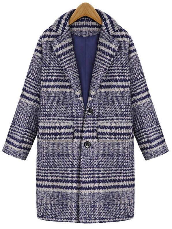 Lapel Striped Striped Long Blue CoatFor Womenromwe