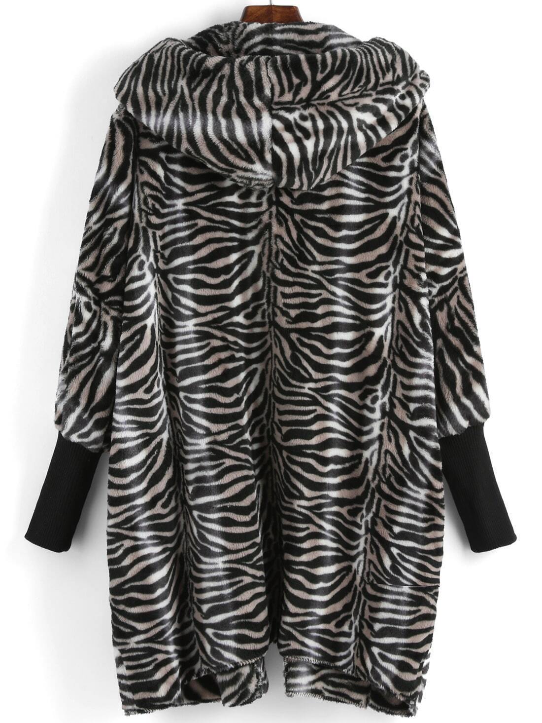 Hooded Zebra Pattern Long CoatFor Womenromwe