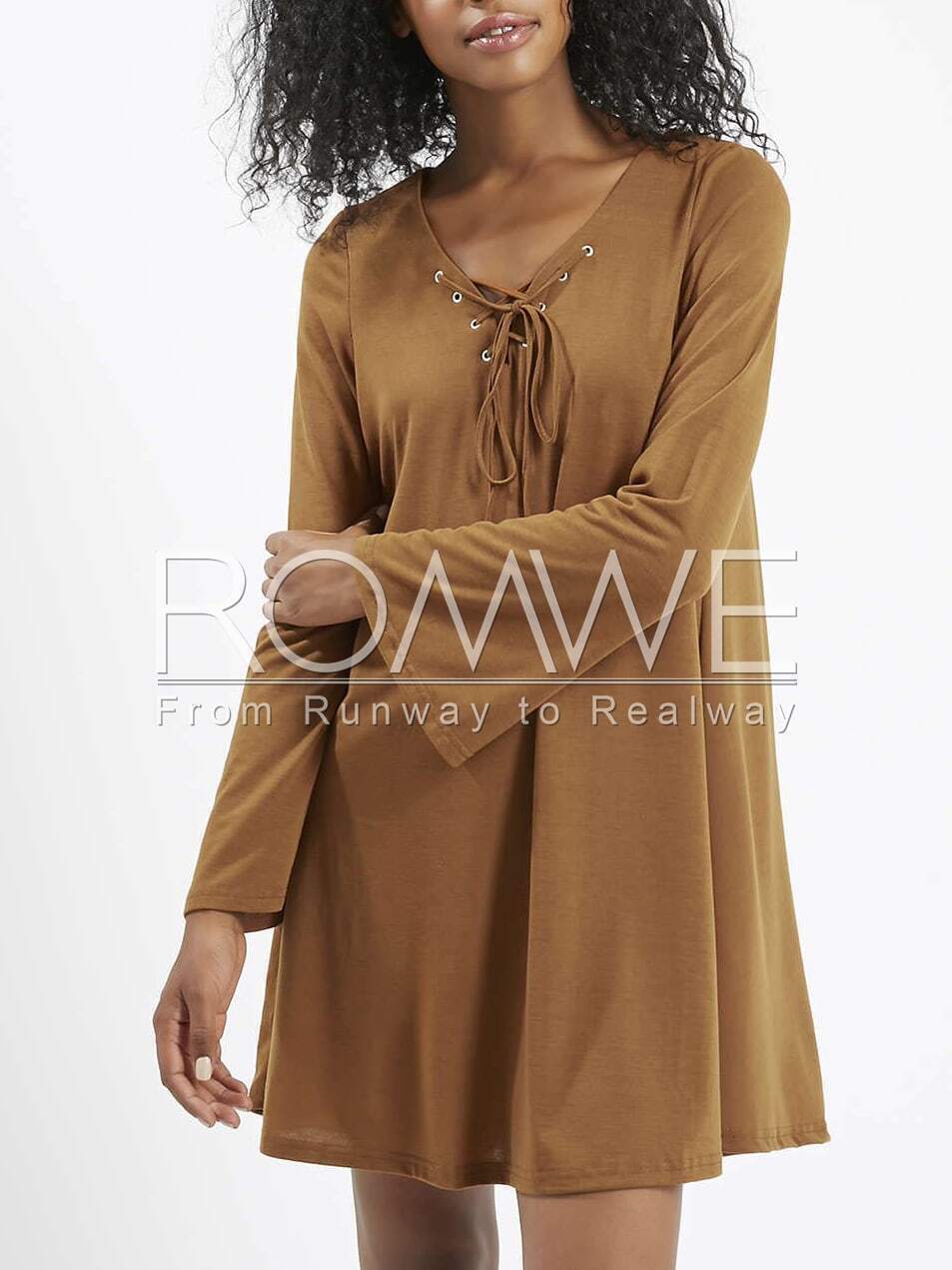Brown Long Sleeve Lace Up DressFor Womenromwe