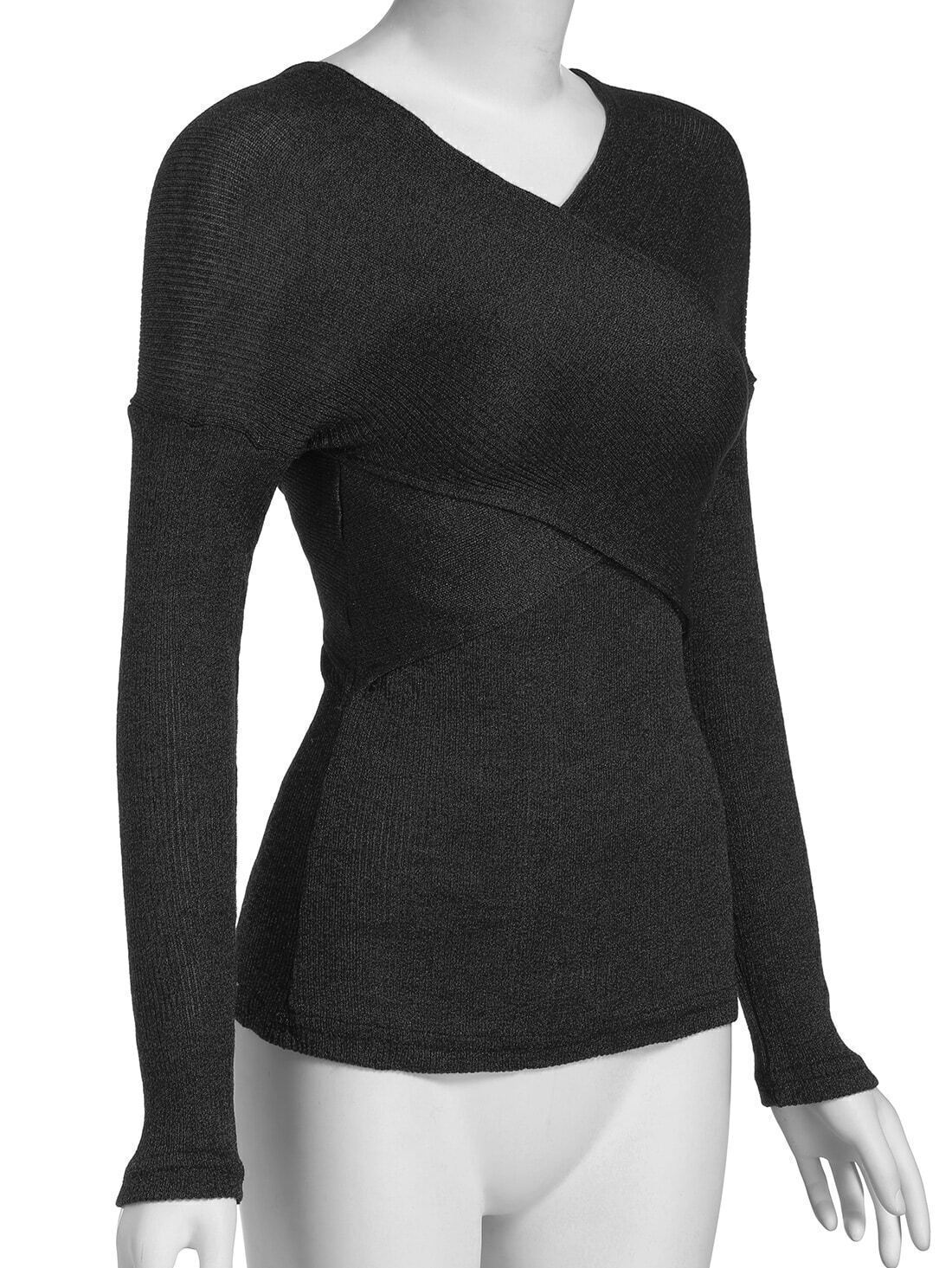 V Neck Slim Black SweaterFor Womenromwe