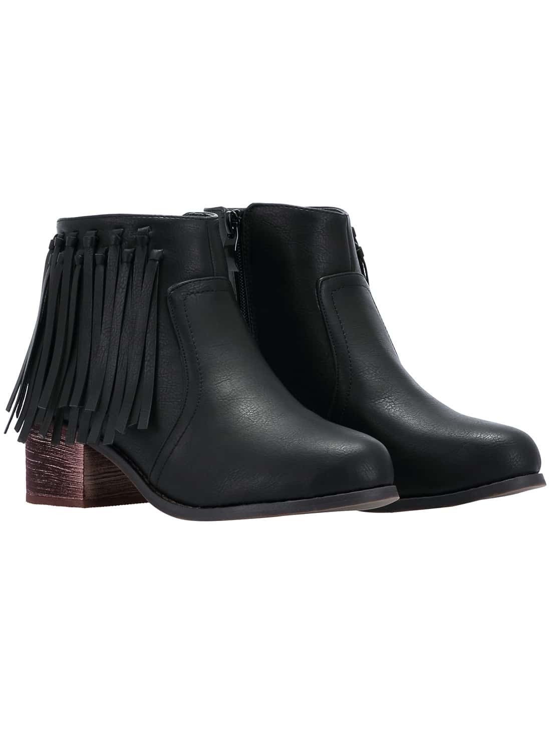 Black Zipper Tassel PU BootsFor Womenromwe