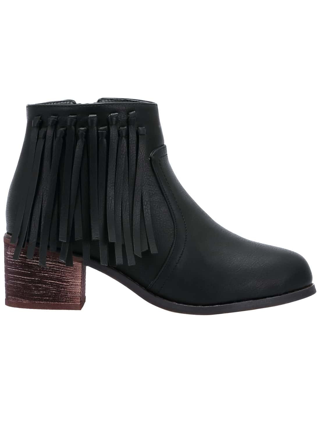 Black Zipper Tassel PU BootsFor Womenromwe