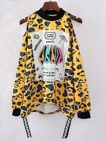 Letter Print Leopard Hollow Sweatshirt