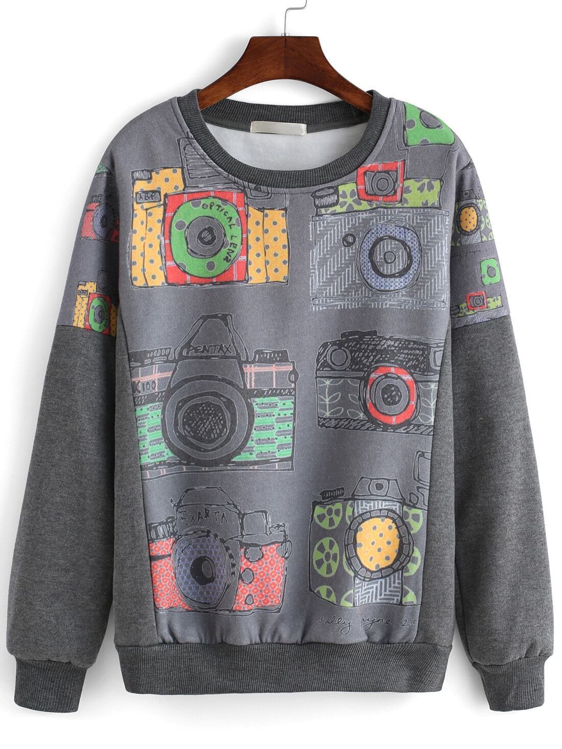 Camera Print Grey Sweatshirt ROMWE