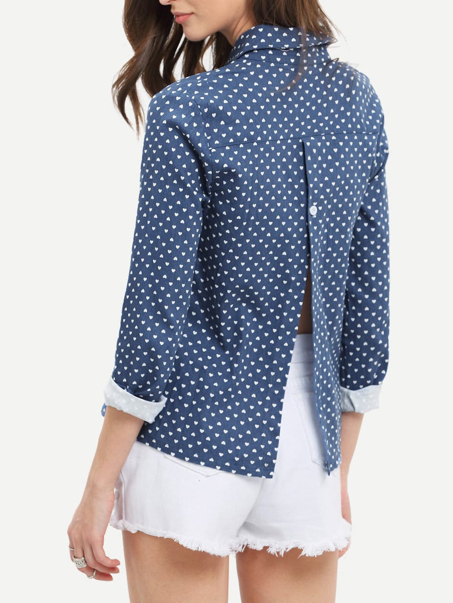 Lapel Polka Dot Slit Blouse