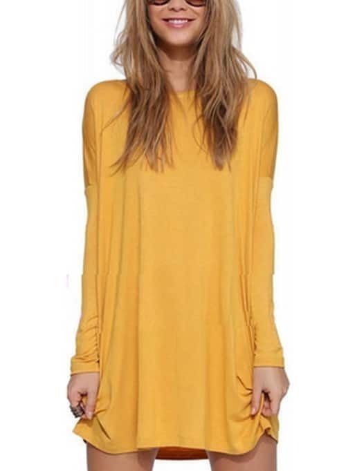 Long Sleeve Shift Yellow DressFor Womenromwe