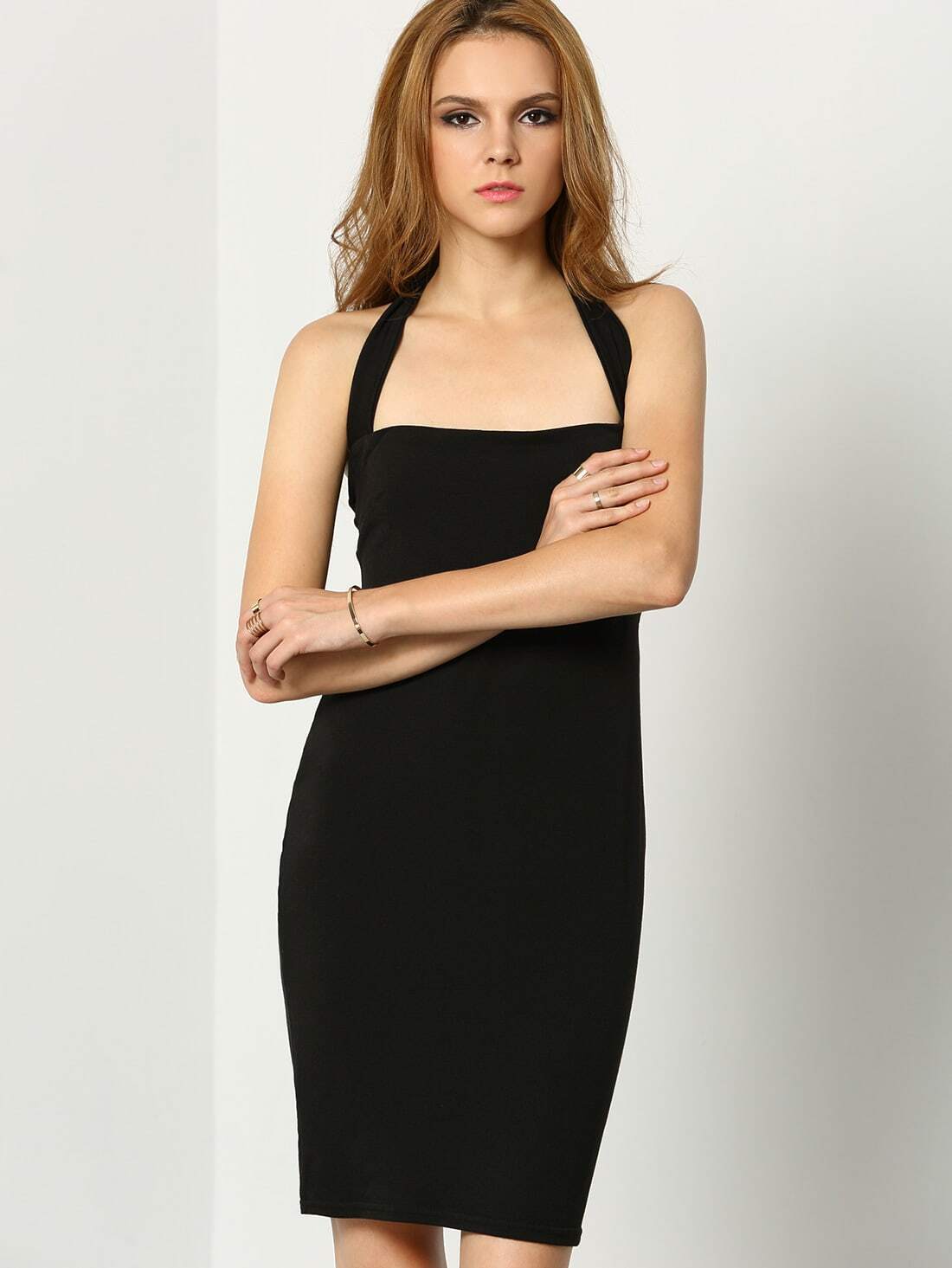 Halter Strap Sheath Black DressFor Womenromwe