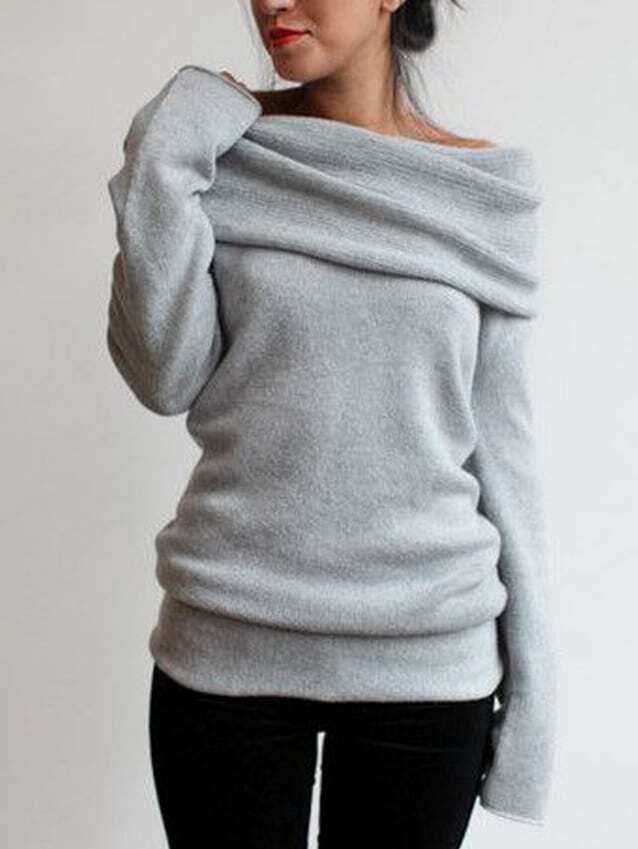 Draped Neck Long Sleeve Grey SweaterFor Womenromwe
