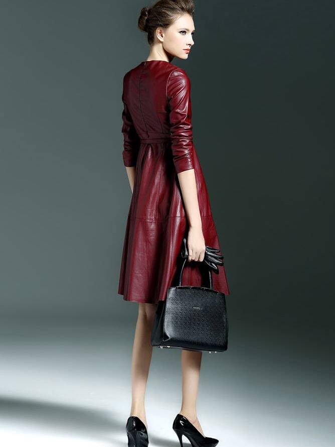 Win Red Round Neck Long Sleeve TieWaist Leather DressFor Womenromwe