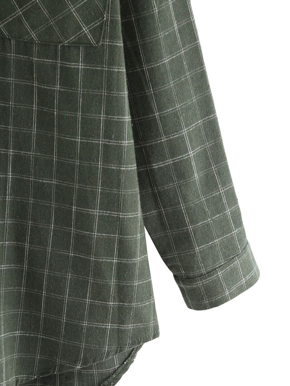 Lapel Plaid High Low Pockets Army Green BlouseFor Womenromwe