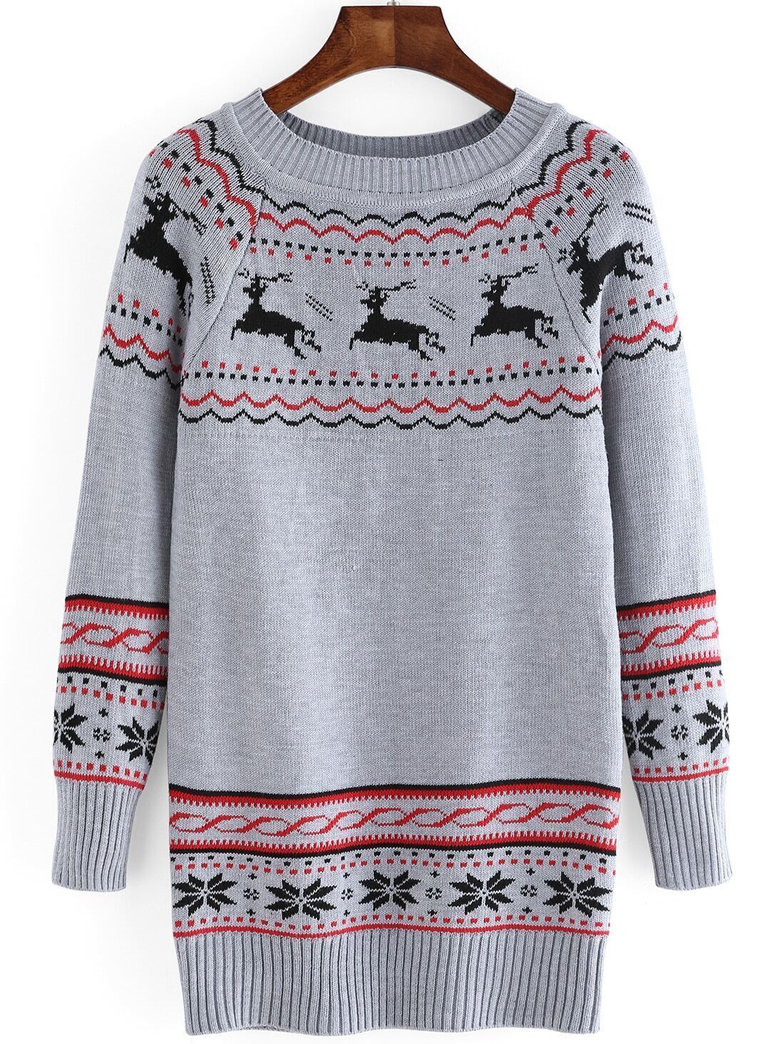 Deer Snowflake Print Long Grey SweaterFor Womenromwe