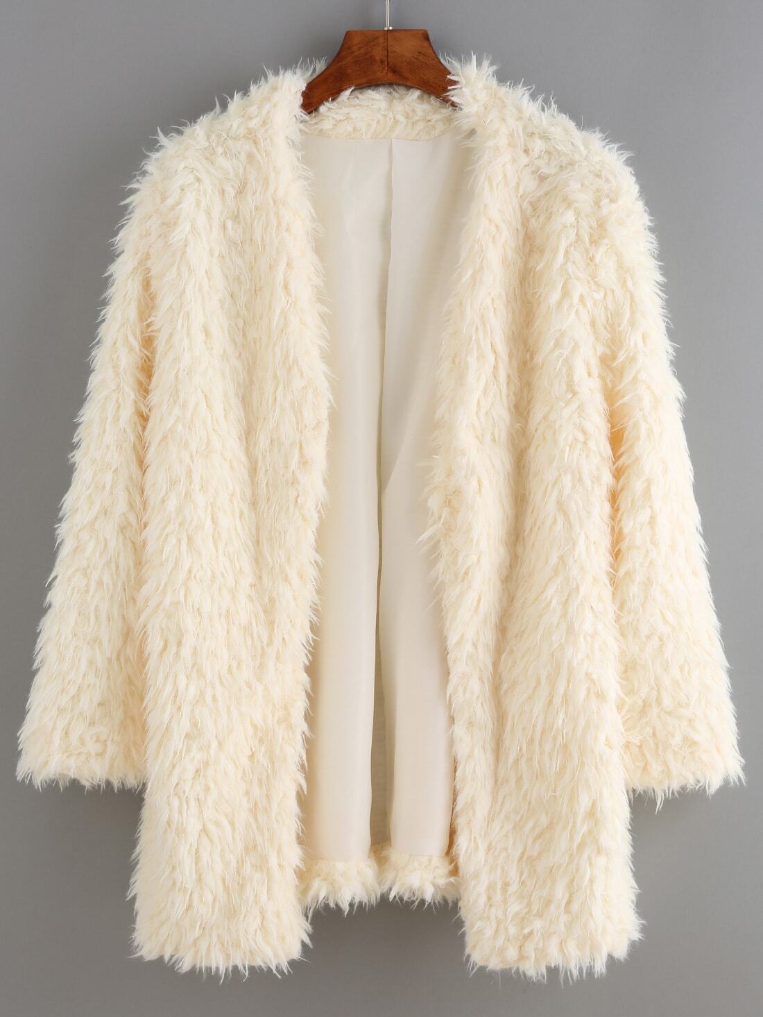 White Collarless Faux Fur CoatFor Womenromwe