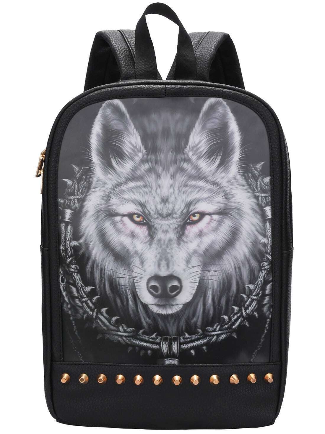 Black Wolf Print Studded BackpackFor Womenromwe