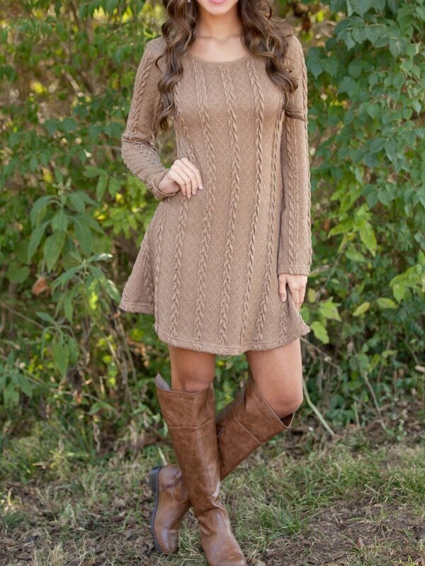 Crew Neck Cable Knit Camel Sweater DressFor Womenromwe