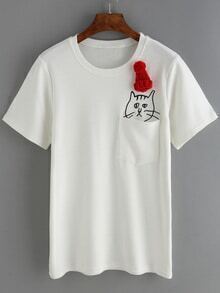 Hat Cat Embroidered T-shirt