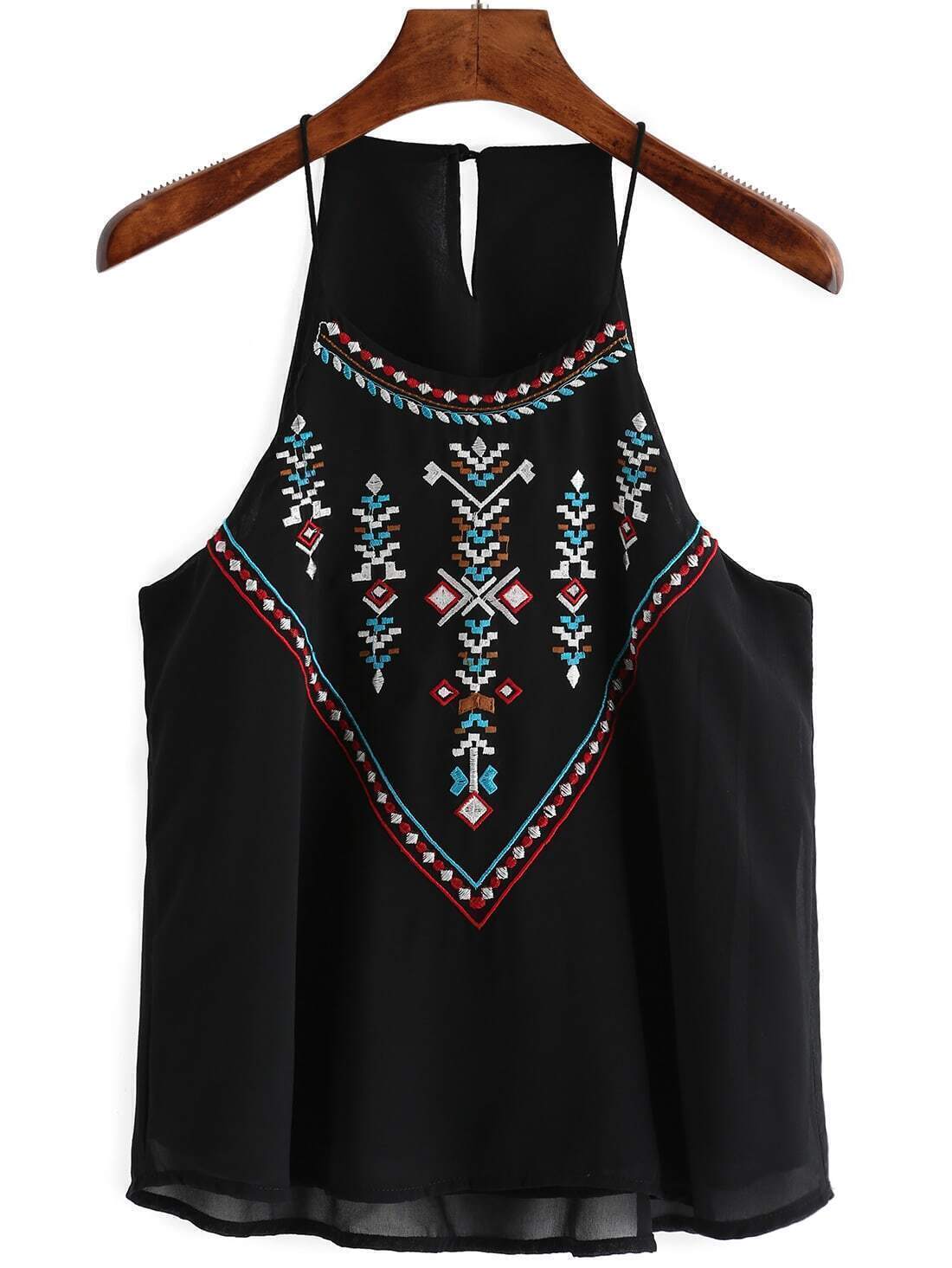 Slip Embroidered Chiffon Black Cami TopFor Womenromwe