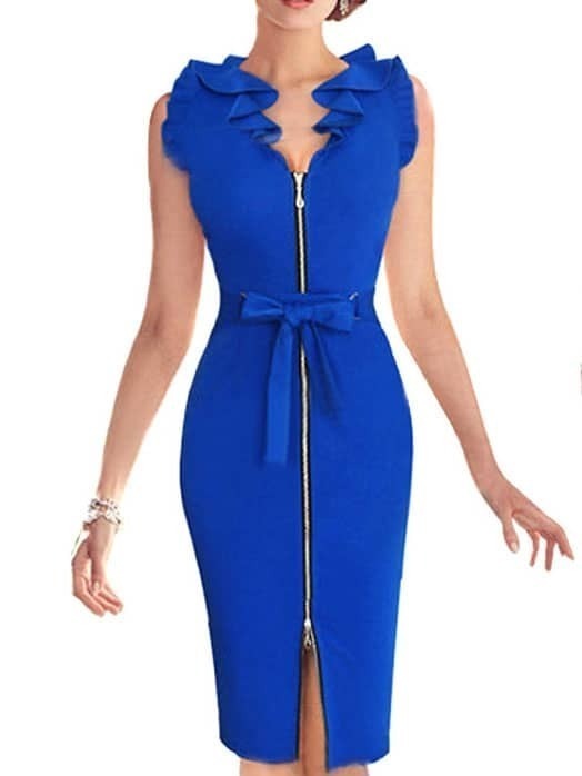 V Neck Zipper Bow Fold Over Pencil DressFor Womenromwe