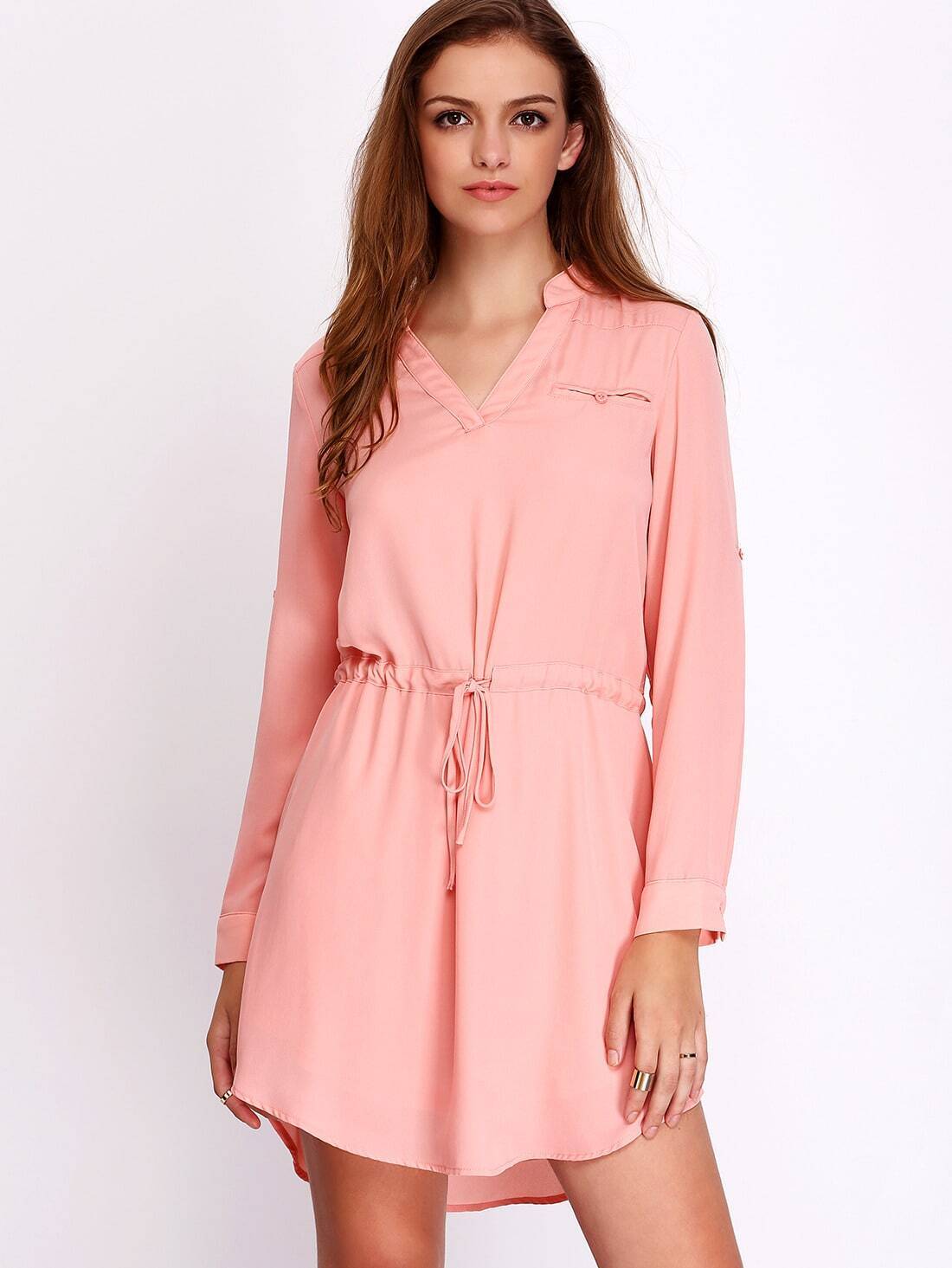 Pink Adjustable Buckle Drawstring Waist Shirt DressFor Womenromwe