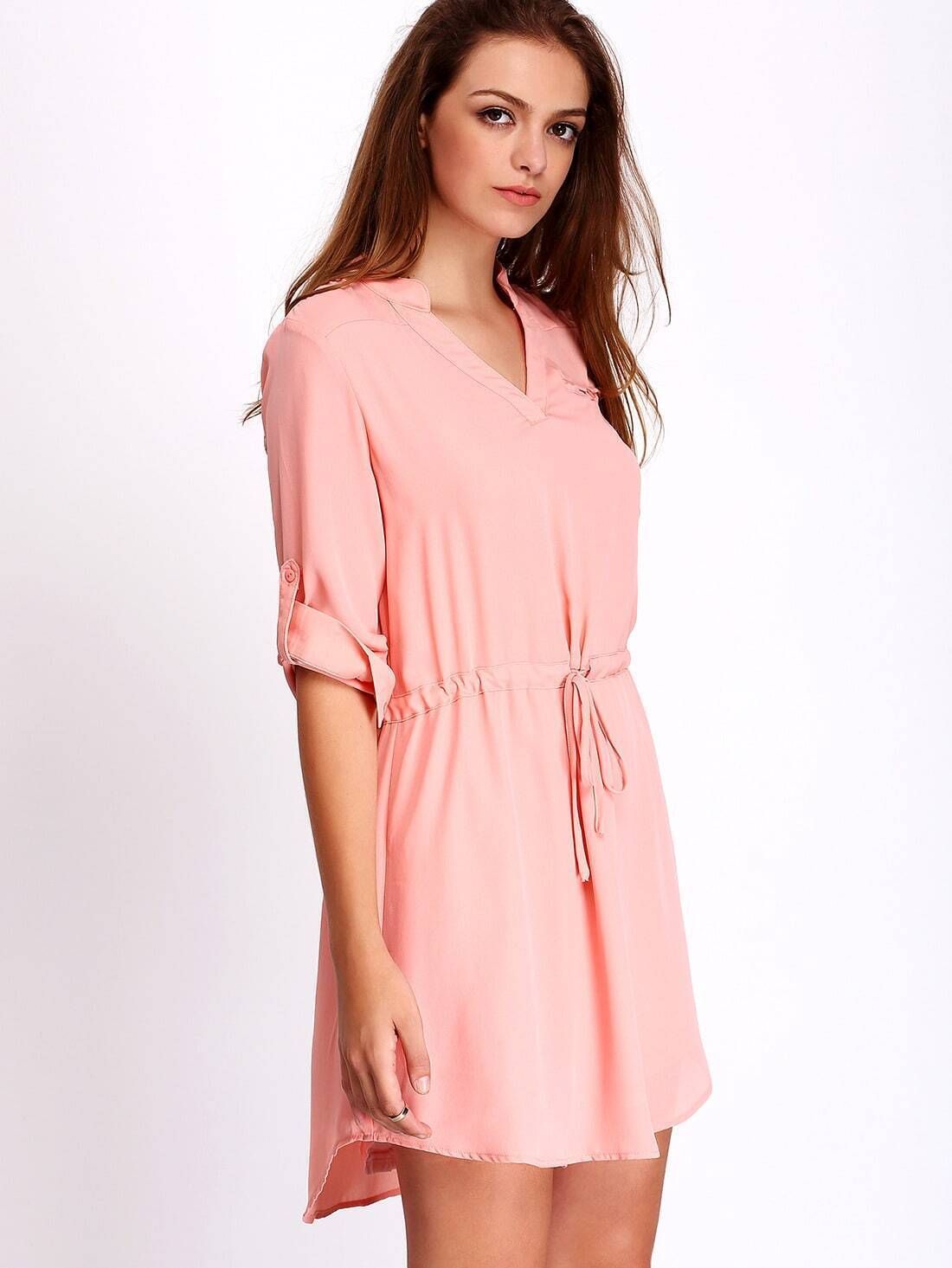Pink Adjustable Buckle Drawstring Waist Shirt DressFor Womenromwe