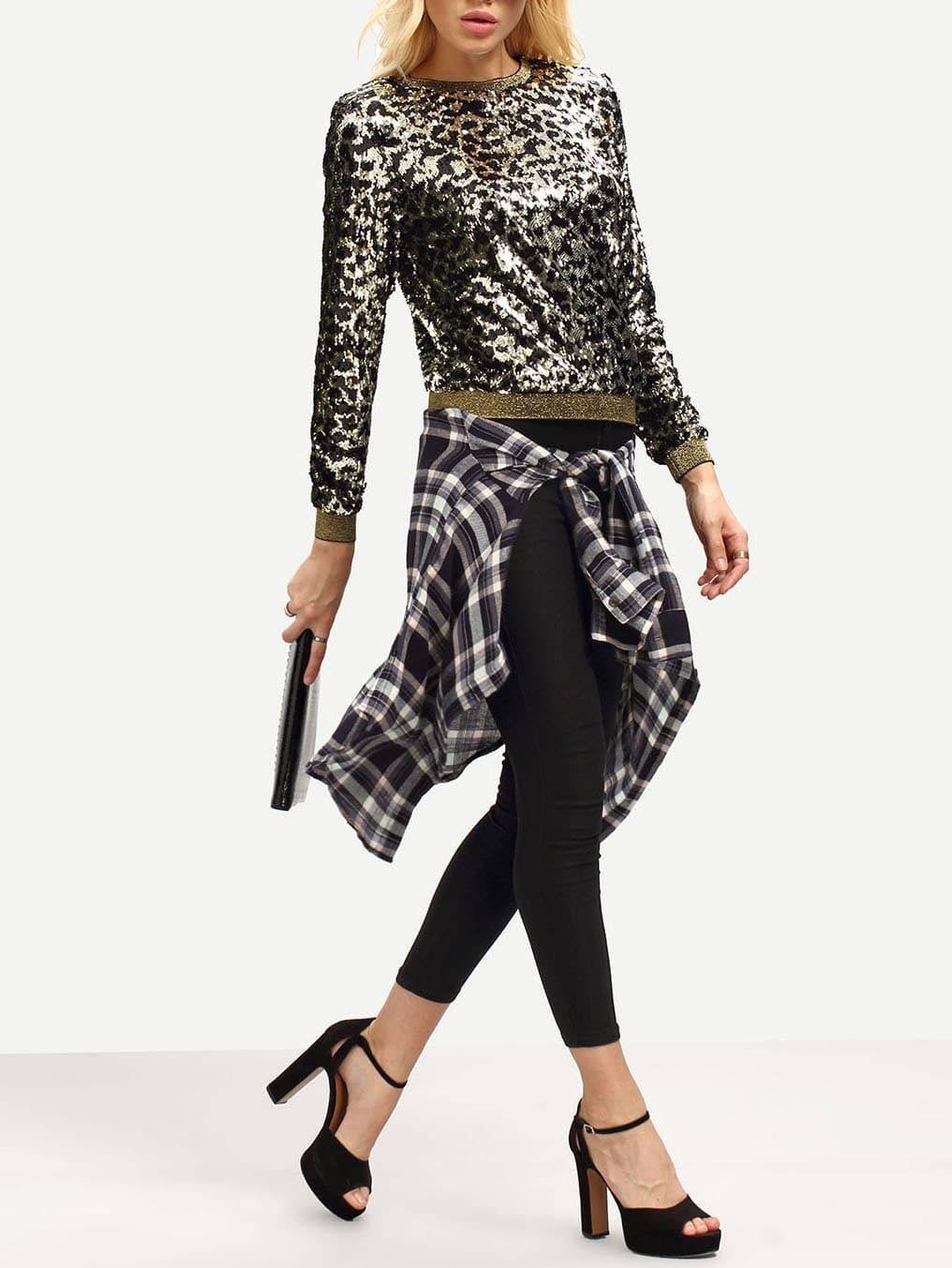 Black Long Sleeve Sequined SweatshirtFor Women-romwe