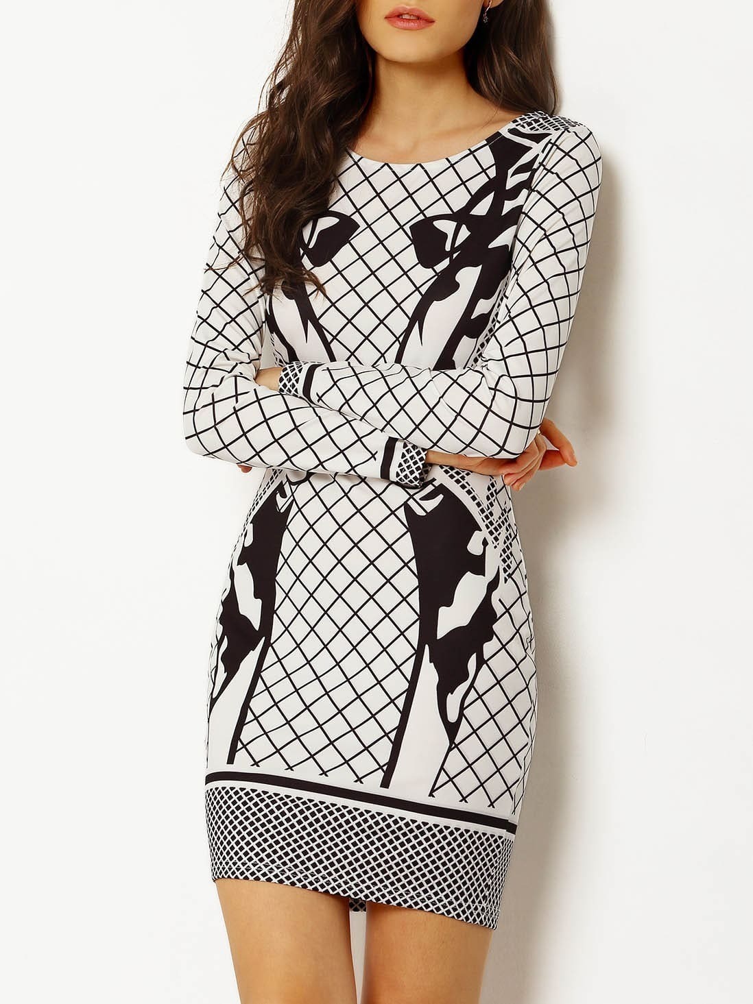 White Black Plaid Abstract Print Sheath DressFor Womenromwe