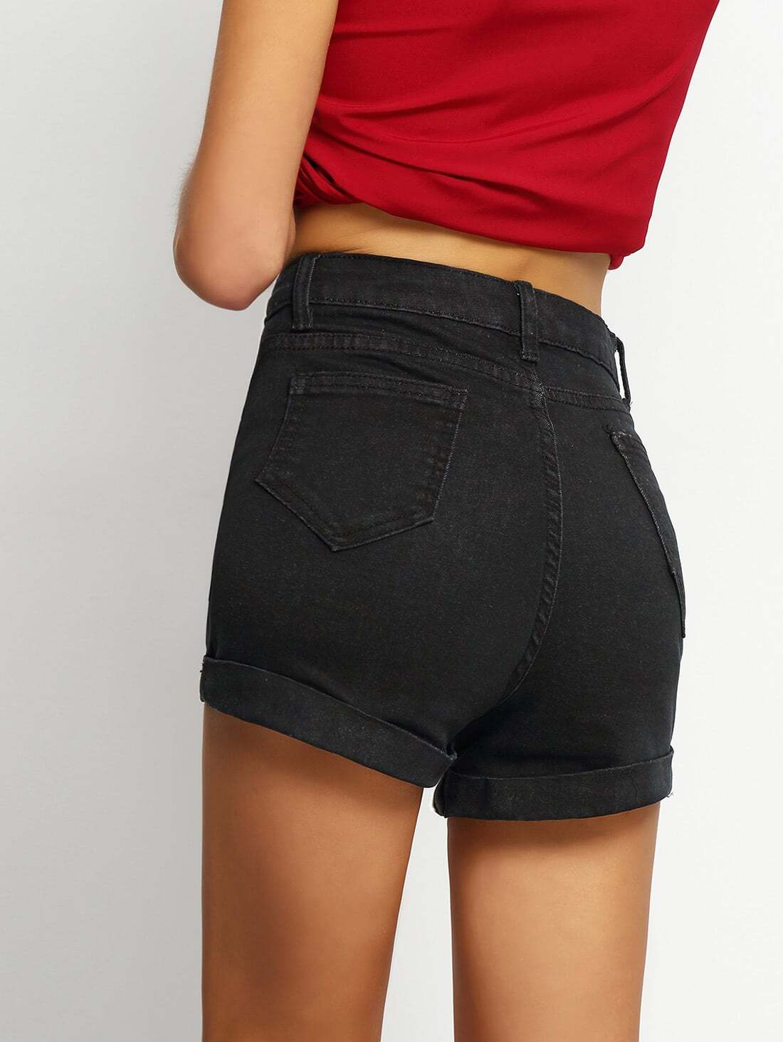 Cuffed Denim Black ShortsFor Womenromwe
