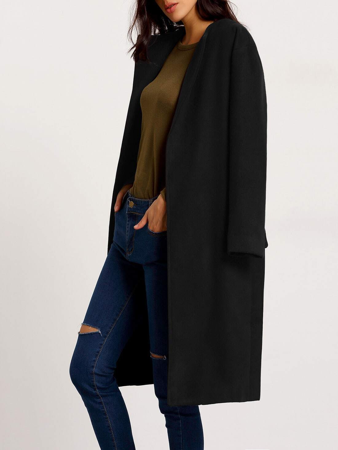Black Long Sleeve Pockets Loose CoatFor Womenromwe