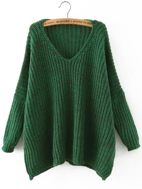 Green V Neck Batwing Sleeve Loose Sweater