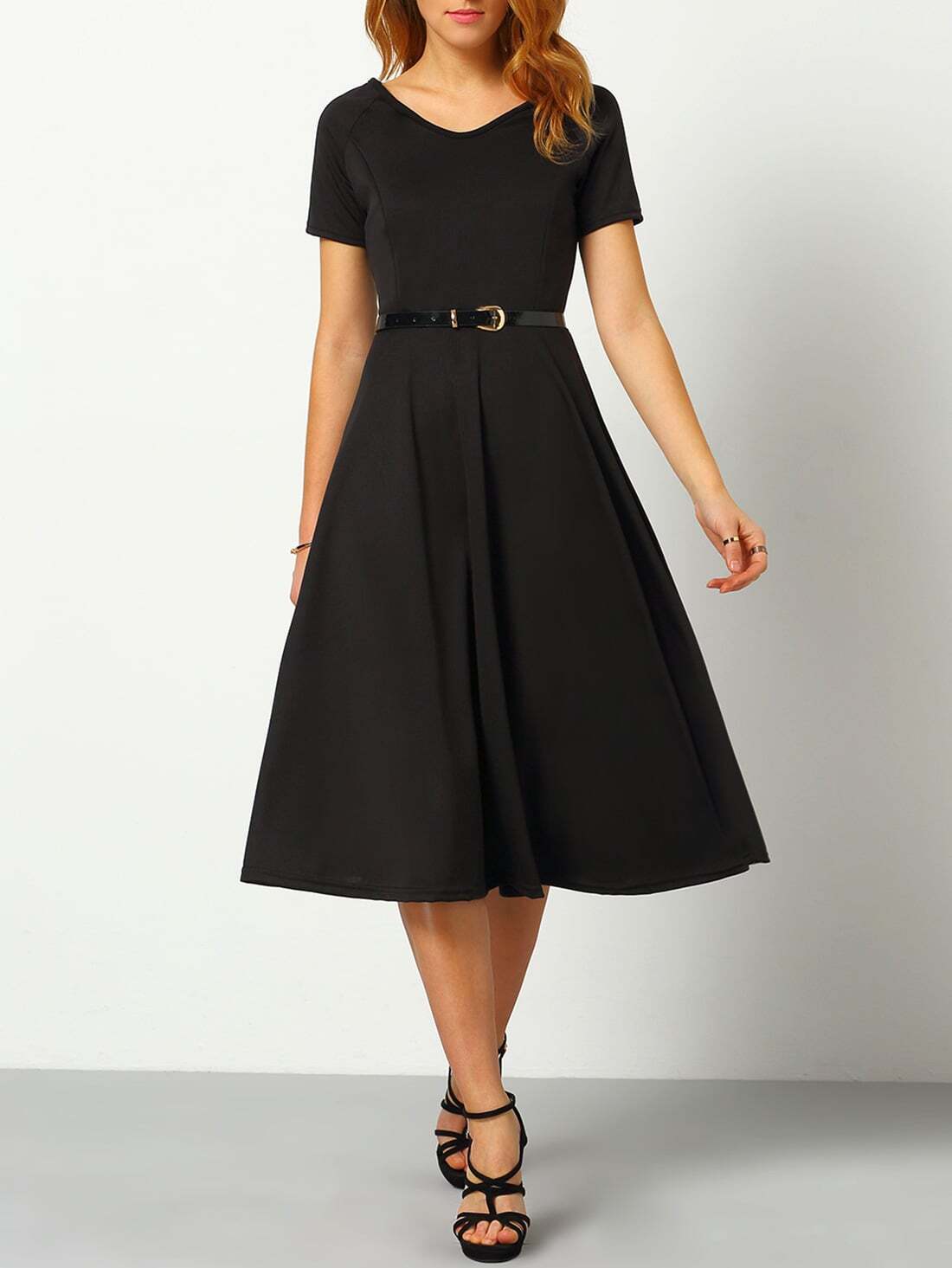 V Neck ALine Dress With BeltFor Womenromwe