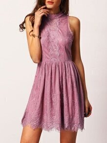 Pink Mock Neck Sleeveless Lace Embroidered Dress