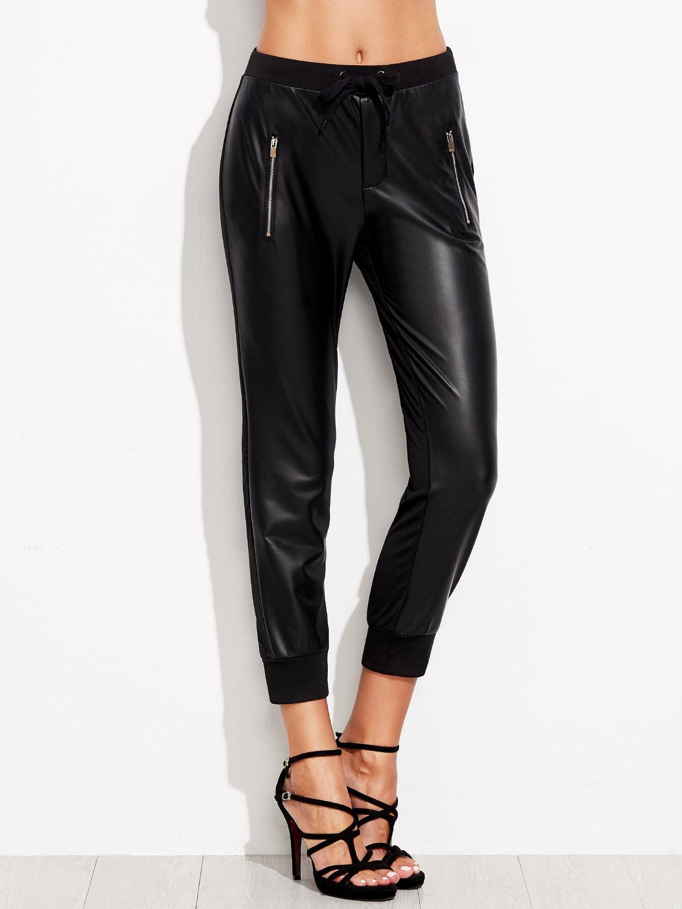 Black Tie Waist PU Leather Zipper PantsFor Womenromwe