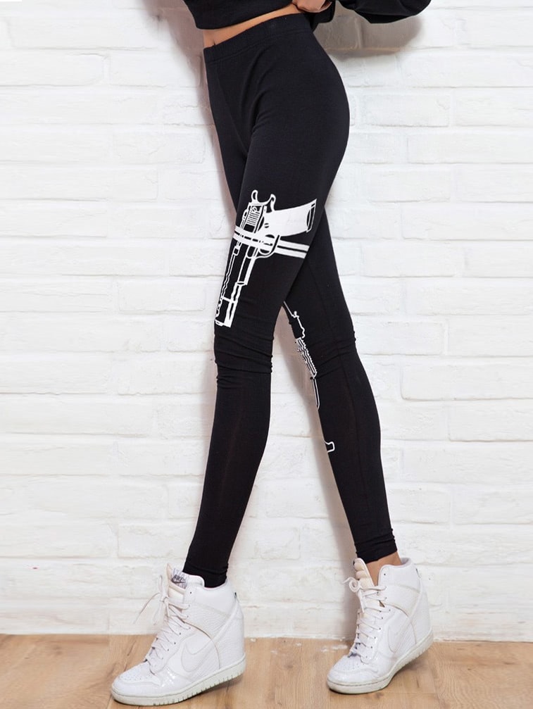 Black Slim Gun Print Leggings