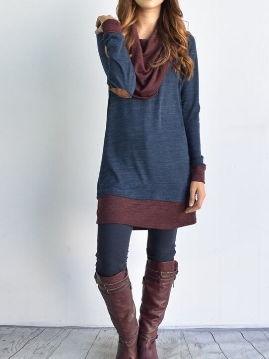 Navy Draped Neck Elbow Patch DressFor Womenromwe