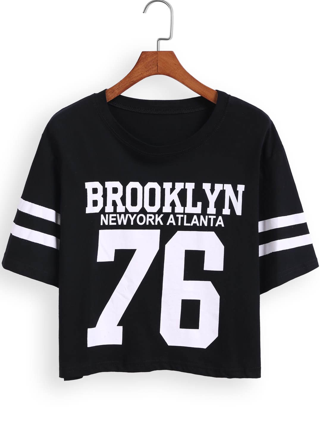 Black Short Sleeve BROOKLYN 76 Print Number Comfort Racewear Monogrammed Crop T-Shirt