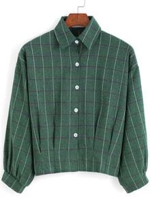 Green Lapel Preppy Appropriately Checks Plaid Buttons Crop Blouse