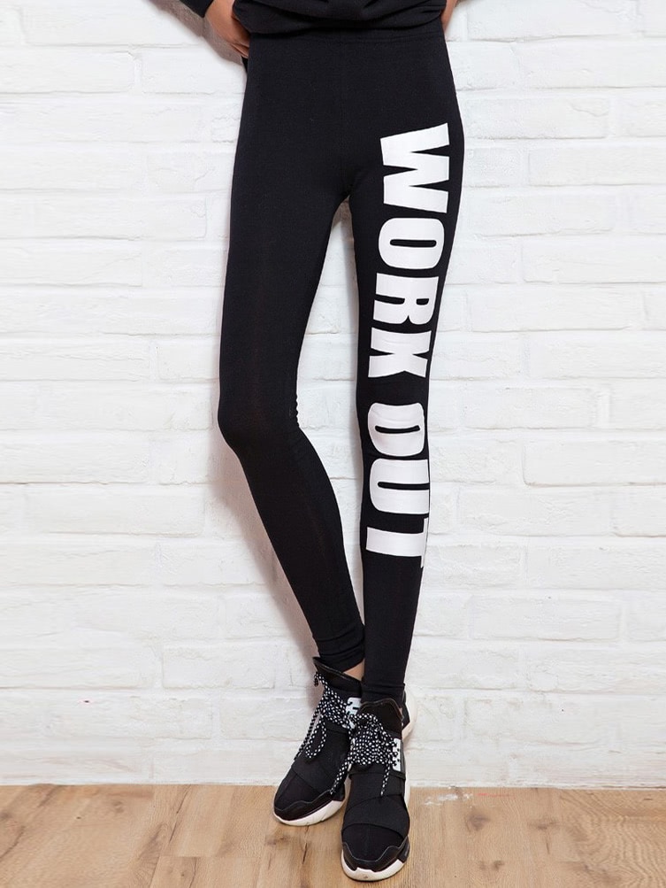Black Slim Letters Print Leggings