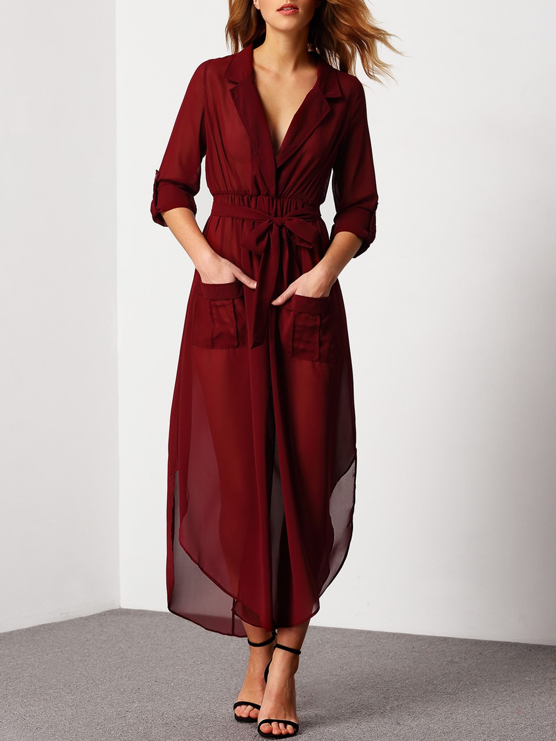 Red Deep V Neck Self-Tie Pockets Chiffon Dress - $24.99