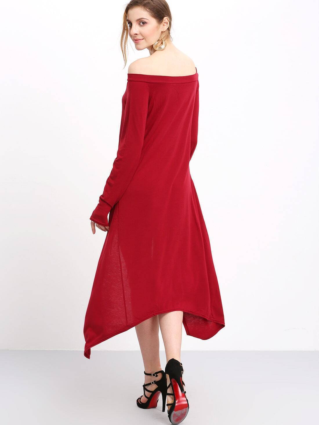 Burgundy Asymmetrical Neck And Hem Jersey DressFor Women-romwe