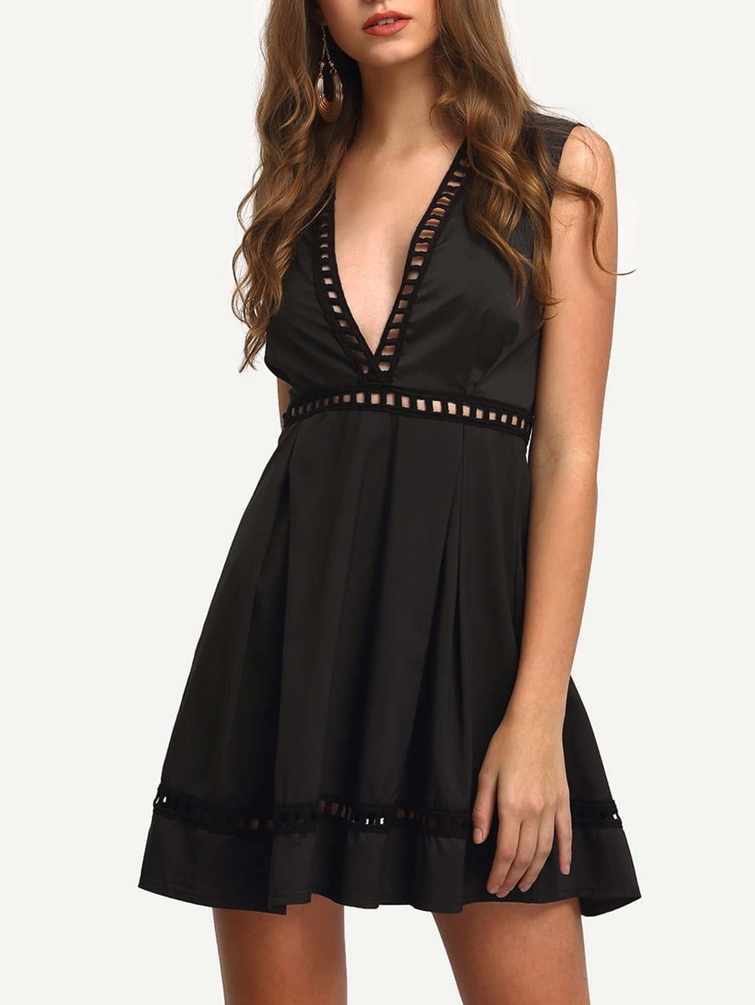 Robe col V plongeant sans manche noirFrench Romwe