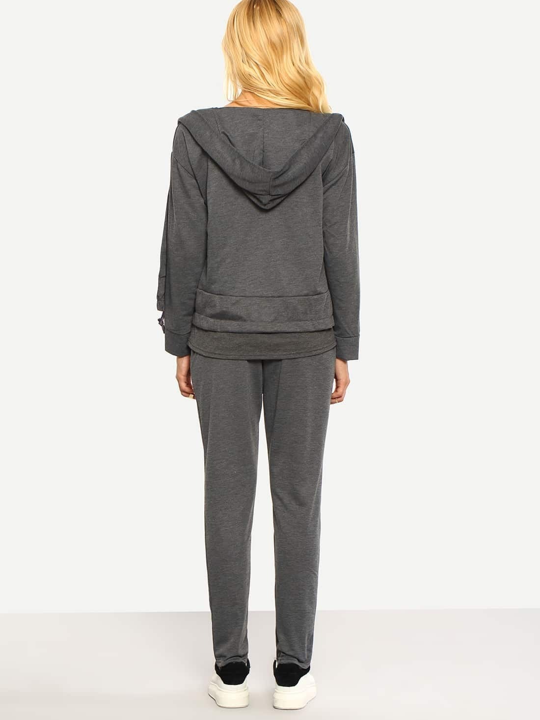 Grey Hooded Sweatshirt ThreepieceFor Womenromwe