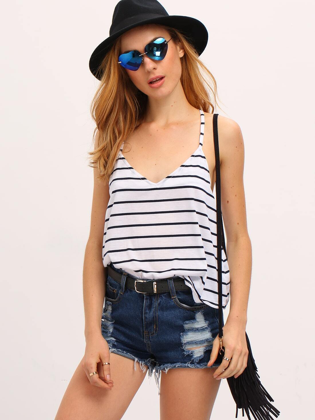 Black White Criss Cross Back Striped Cami TopFor Women-romwe