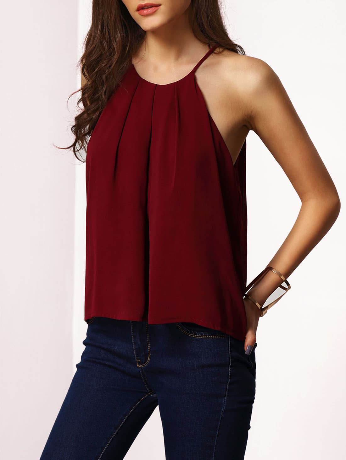Burgundy Spaghetti Strap Lace-up Cami Top