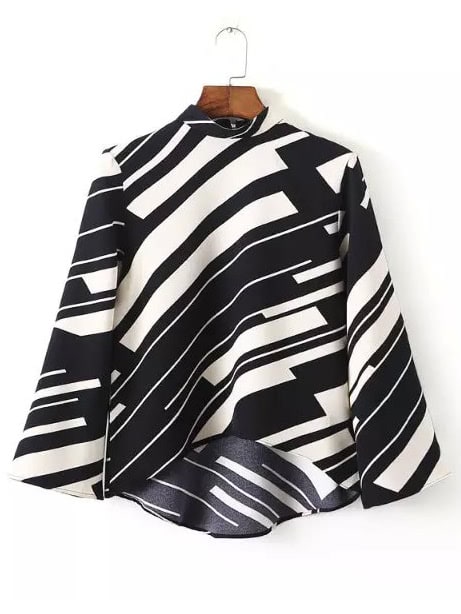 Black White Stand Collar Random Printed Crop Blouse