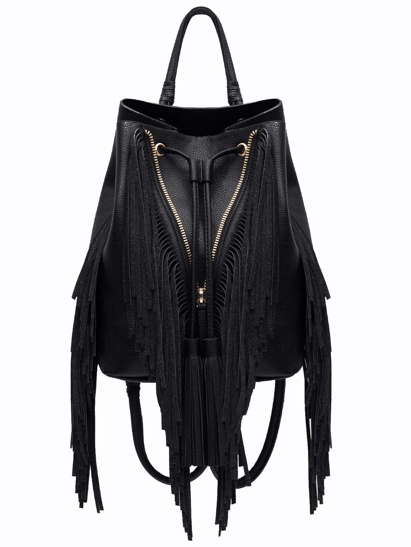 Black Drawstring Fringe PU BackpackFor Womenromwe